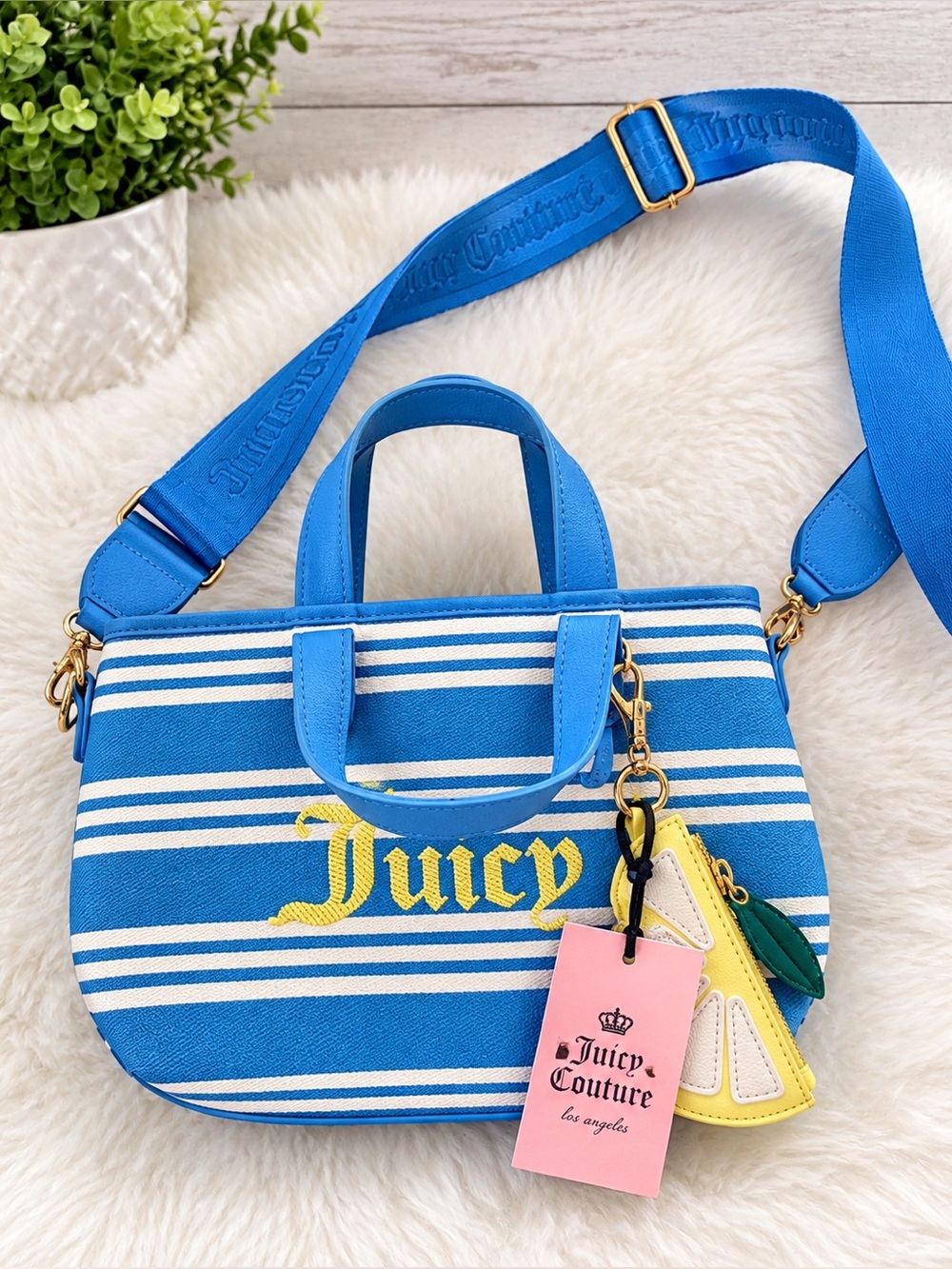 New w tags Juicy Couture Blue and White Striped Crossbody with Lemon Charm
